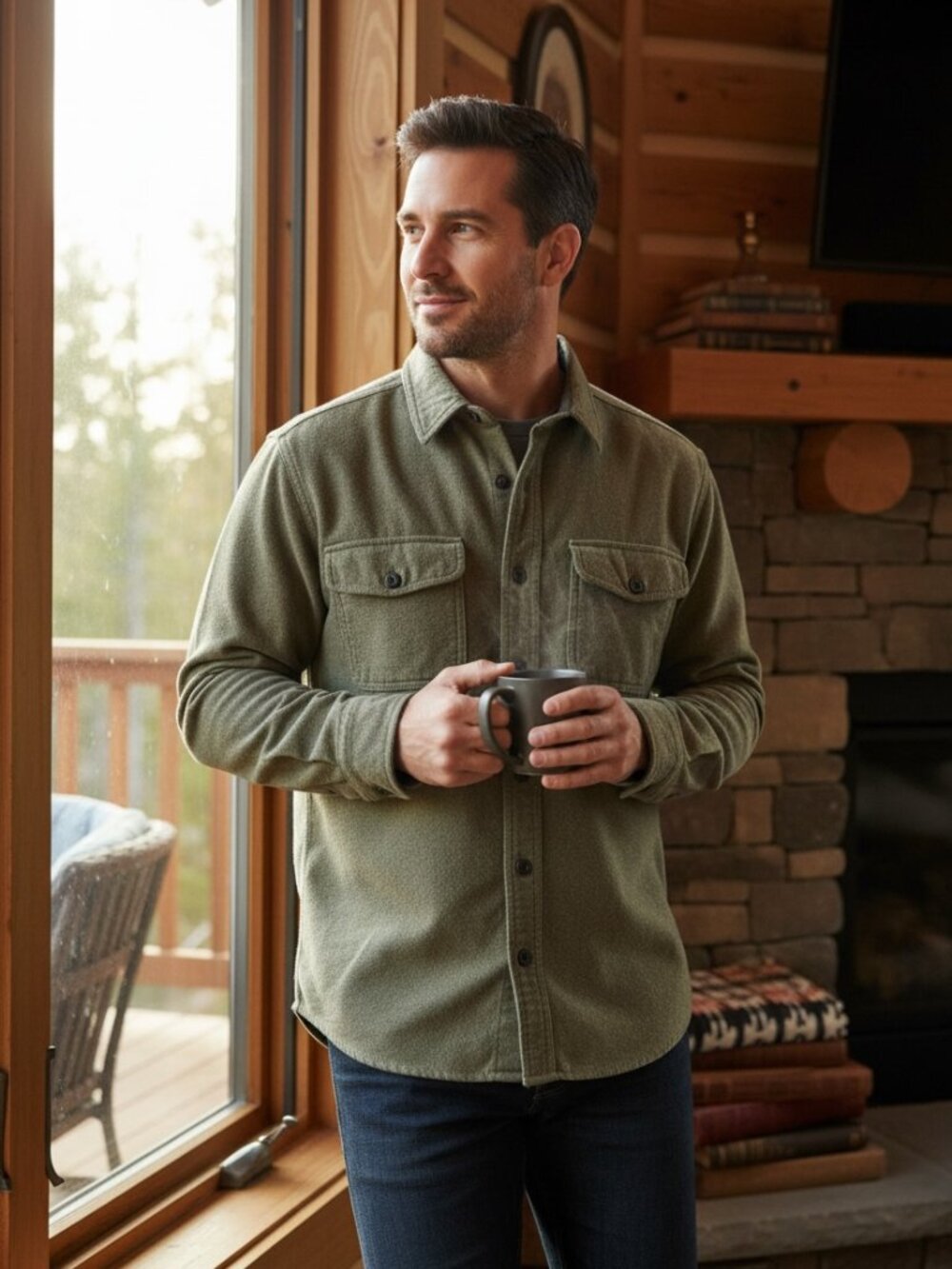 Grizzly Mountain Men’s Flannel Chamois Shirt Sz‎ L Khaki Green #345A